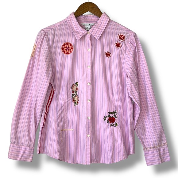 CAbi Tops - Cabi Pink Striped Embroidered Button Up Shirt Blouse L 100% Cotton Boho Western